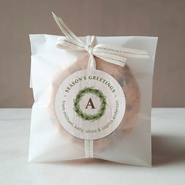 Sticker Rond Couronne de pin Monogramme Joyeux Noël (Créateur téléchargé)