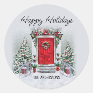 Sticker Rond Couronne de porte rouge vintage pour Joyeux Noël