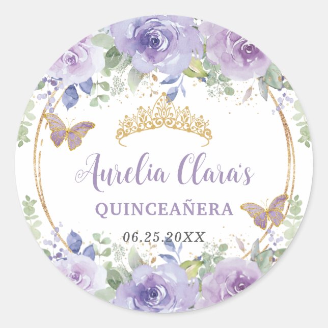 Sticker Rond Couronne de Quinceañera au lilas pourpre avec papi (Devant)