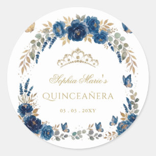 Sticker Rond Couronne de Quinceañera Papillon Floral Navy Or