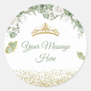 Sticker Rond Couronne de sage vert de Quinceañera dorée Votre m