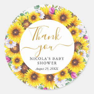 Sticker Rond Couronne de tournesols aquarelle Baby Shower