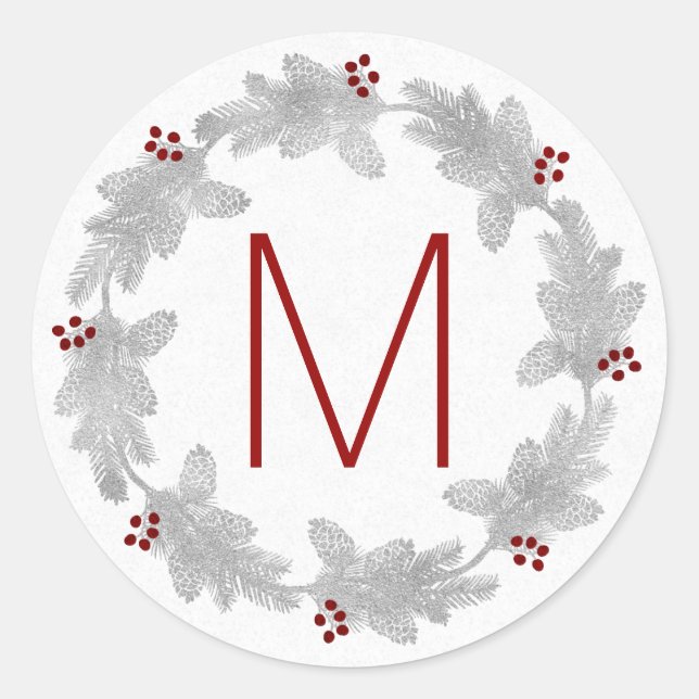 Sticker Rond Couronne de vacances Monogramme Argent et pin roug (Devant)