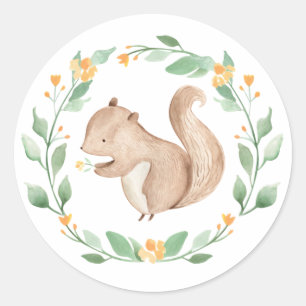 Sticker Rond Couronne de verdure et bébé écureuil à l'aquarelle