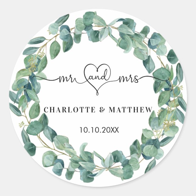 Sticker Rond couronne d'eucalyptus mariage m. noms de coeur (Devant)