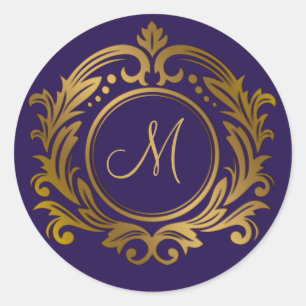 Sticker Rond Couronne dorée avec initiale de monogramme sur fon