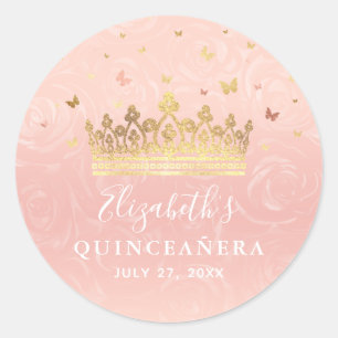 Sticker Rond Couronne Élégante Rose et Or Rose pour Anniversair