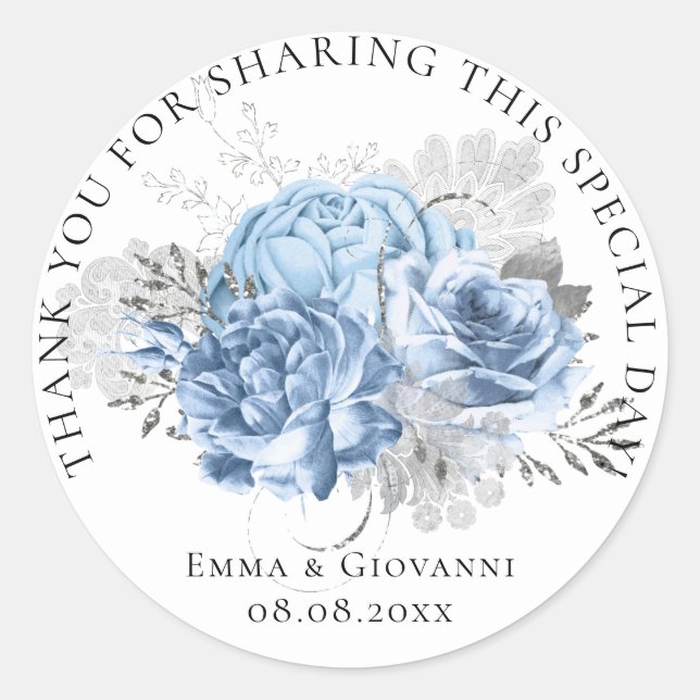 Sticker Rond Couronne Fleurie Blanche Bleue Remerciement 16ème  (Devant)