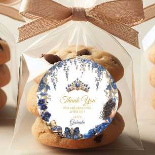 Sticker Rond Couronne Fleurie Quinceañera Bleu Royale Dorée
