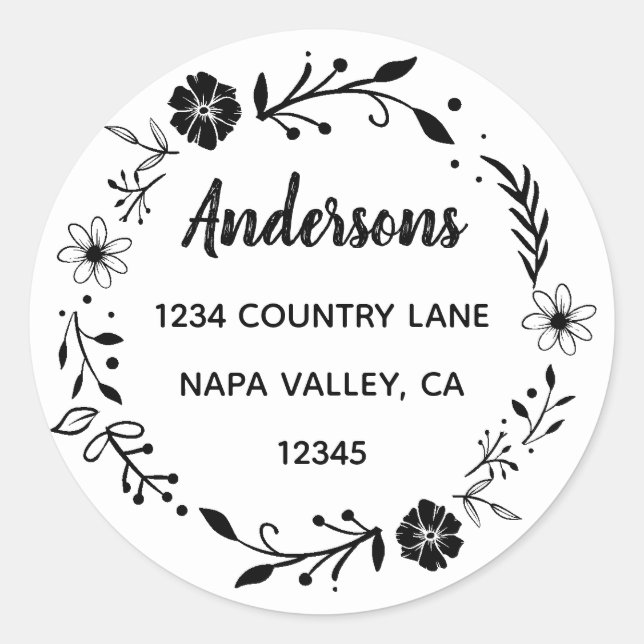 Sticker Rond Couronne florale | Adresse de retour du nom de fam (Devant)