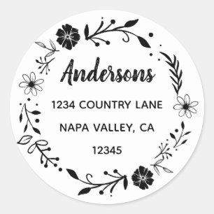Sticker Rond Couronne florale   Adresse de retour Nom de famill