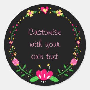Sticker Rond Couronne Florale Ajouter votre propre texte