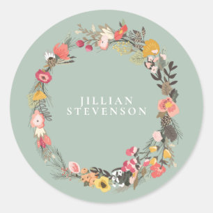 Sticker Rond Couronne florale d'automne sur Sage vert avec nom
