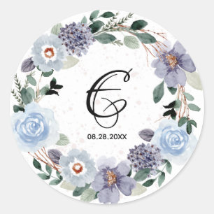 Sticker Rond Couronne florale de date de mariage violet monogra