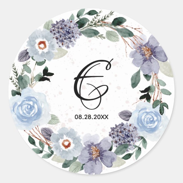 Sticker Rond Couronne florale de mariage à monogramme violet (Devant)