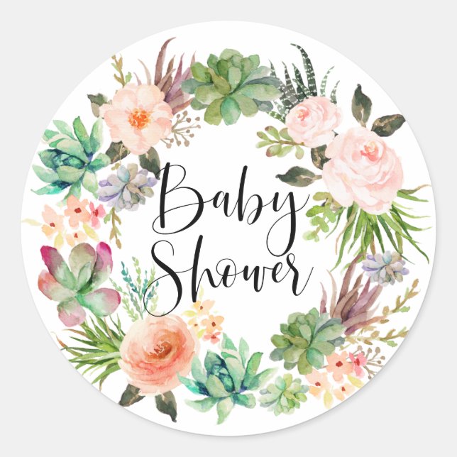 Sticker Rond Couronne florale de succulentes Boho Baby Shower d (Devant)