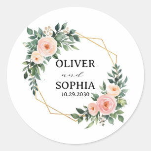 Sticker Rond Couronne florale dorée personnalisée pour mariage 