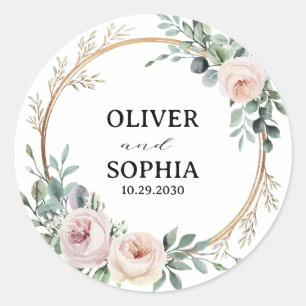 Sticker Rond Couronne florale dorée personnalisée pour mariage 