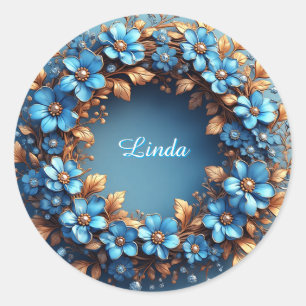 Sticker Rond Couronne florale élégante d'éléments bleus et doré