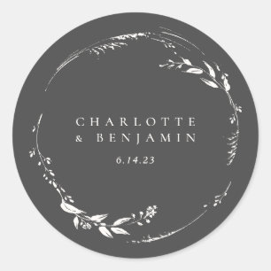 Sticker Rond Couronne florale monogramme en noir et blanc