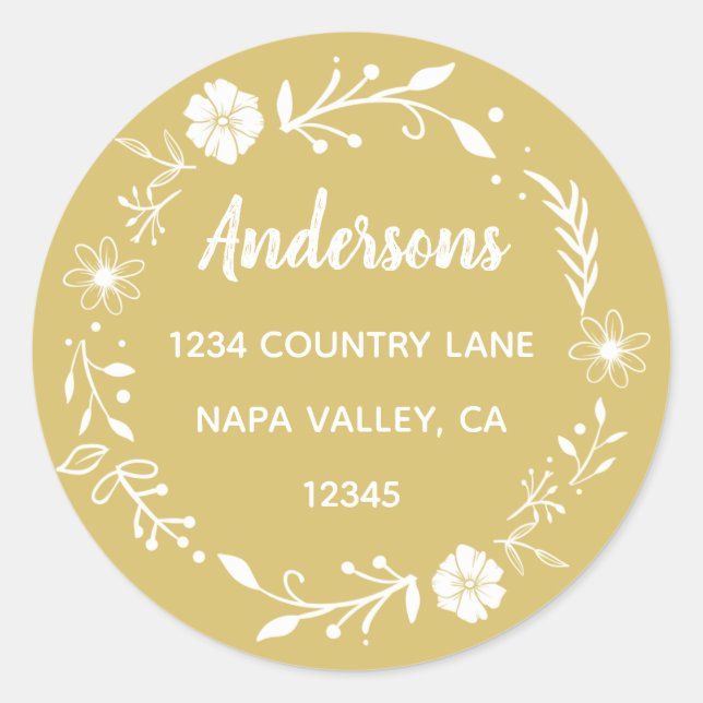 Sticker Rond Couronne florale or et blanc Adresse de retour (Devant)