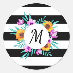 Sticker Rond Couronne florale romantique Monogramme personnalis
