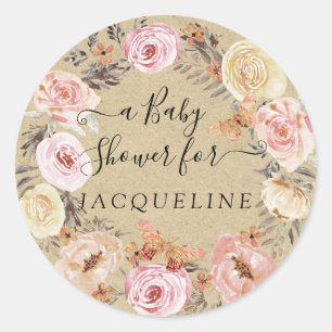 Sticker Rond Couronne florale rose Kraft rustique avec papillon