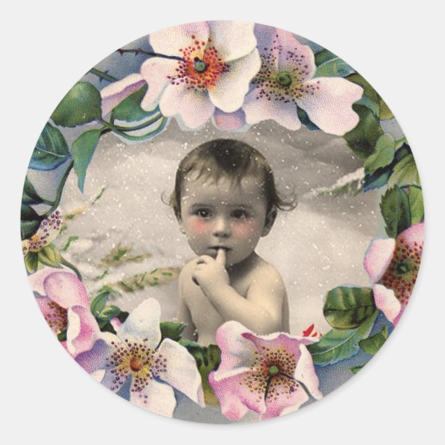 STICKER ROND COURONNE FLORALE, ROSE MODÈLE PHOTO BABY SHOWER SA (Devant)
