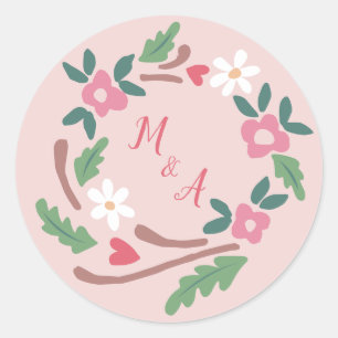 Sticker Rond Couronne florale rustique avec Monogramme