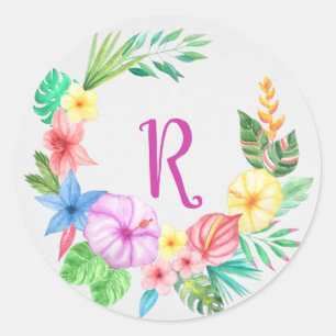 Sticker Rond Couronne florale tropicale monogrammée