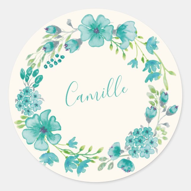 Sticker Rond Couronne florale verte Aqua avec nom personnalisé  (Devant)