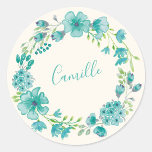 Sticker Rond Couronne florale verte Aqua Nom personnalisé Print