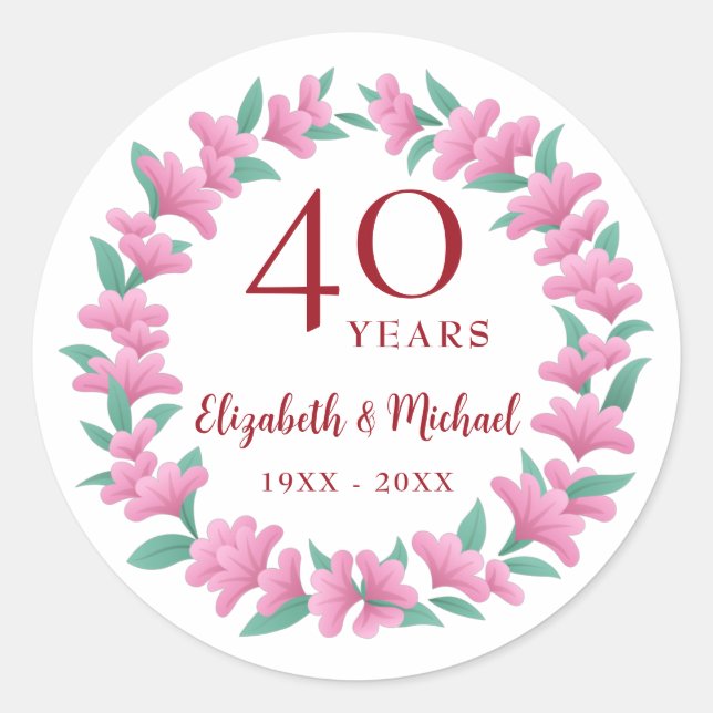 Sticker Rond Couronne florale verte rose rubis pour le 40e anni (Devant)