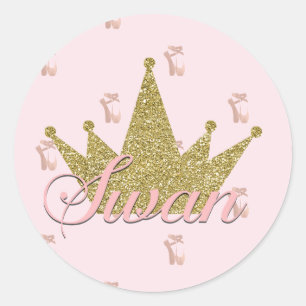 Sticker Rond Couronne Pailletée Or Princesse au Cygne Fête d'An