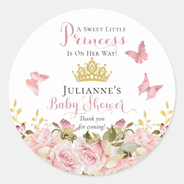 Sticker Rond Couronne | Papillons Floral Princess Baby shower (Devant)
