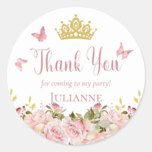 Sticker Rond Couronne   Papillons rose Floral Merci d'anniversa