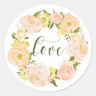 Sticker Rond Couronne Pastel Orange Peonies Love Lettering