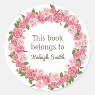 Sticker Rond Couronne rose florale sur plaque de nom du livre b