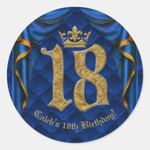 Sticker Rond Couronne Royale Bleu et Or 18 Fête d'anniversaire 