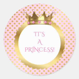 Sticker Rond Couronne royale de princesse à points roses et or