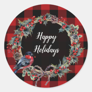 Sticker Rond Couronne rustique Noël Fêtes Plaid Rouge Buffalo