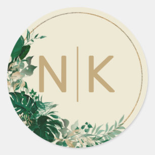 Sticker Rond Couronne tropicale moderne avec Monogramme Mariage