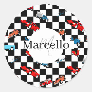 Sticker Rond Course Motif moderne noir et blanc avec voitures