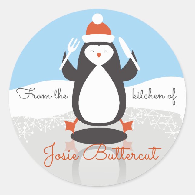 Sticker Rond Couteau fourche de pingouin Noël de la cuisine de (Devant)