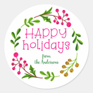 Sticker Rond Coutume Rose et Blanc Joyeux Vacances Wreath
