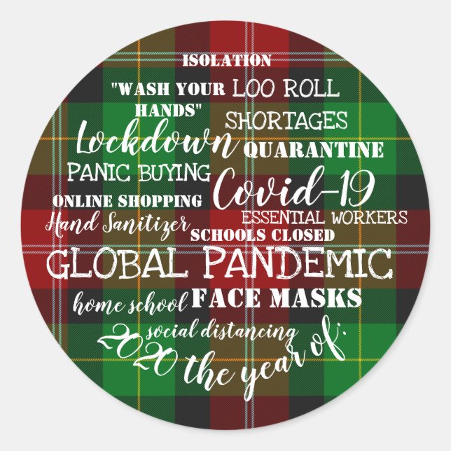 Sticker Rond covid19 2020 the year of face masks tartan (Devant)
