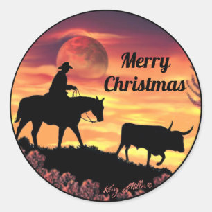 Sticker Rond Cow-boy Herding Longhorn Steer