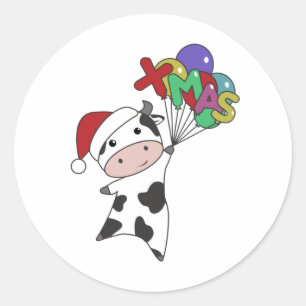 Sticker Rond Cow Cheerful Christmas Winter Animals