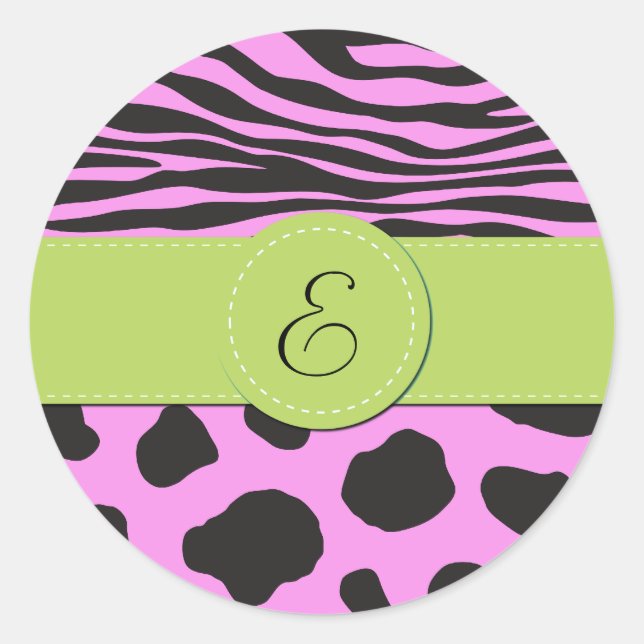 Sticker Rond Cow Print, Cow Spots, Zebra Stripes, monogram (Devant)