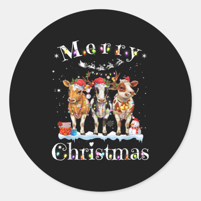 Sticker Rond Cow Reindeer Hat Santa Christmas Lights Funny Cow  (Devant)